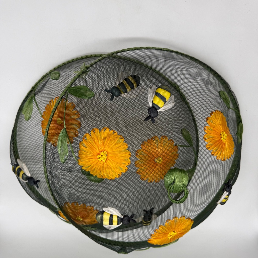 Unbranded Mesh Food Covers Large Green Yellow Bumblebee Floral Set of 2